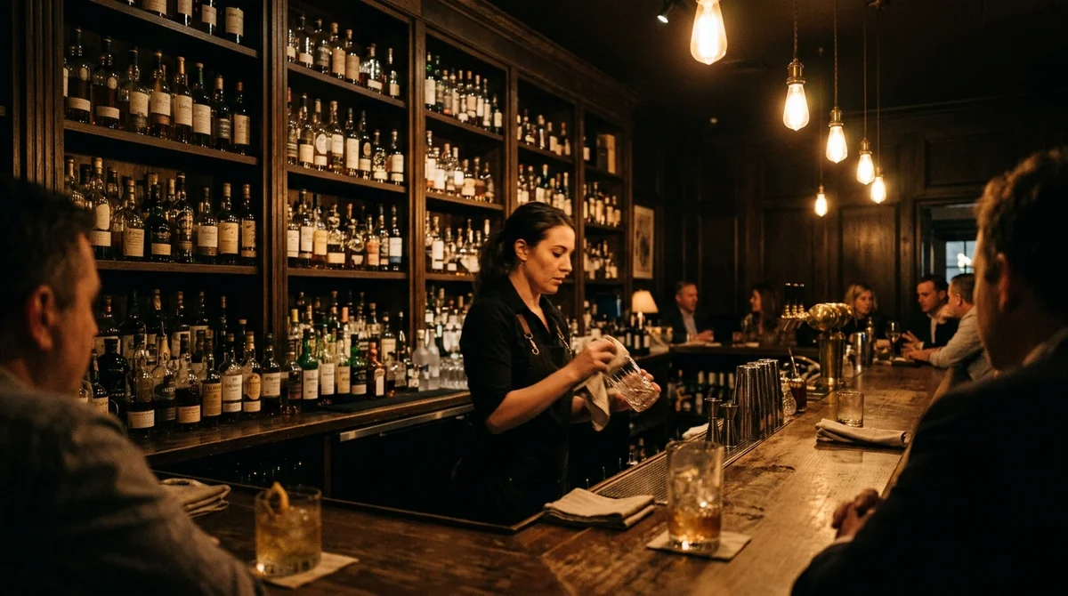 Elegancki bar z półkami alkoholu w ciepłym oświetleniu - wpływ alkoholu na mózg