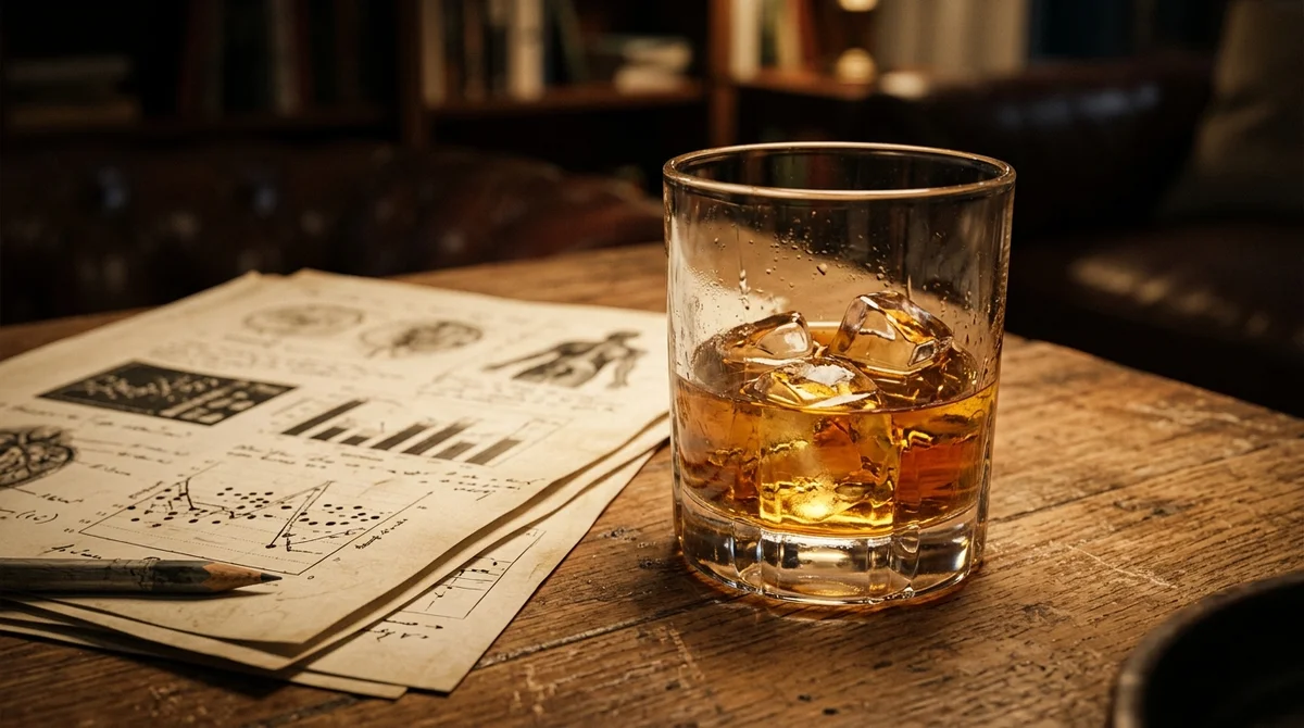 Szklanka whisky obok dokumentów naukowych o wpływie alkoholu na mózg