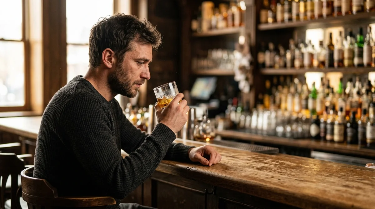 Mężczyzna w zamyśleniu trzymający szklankę alkoholu przy barze