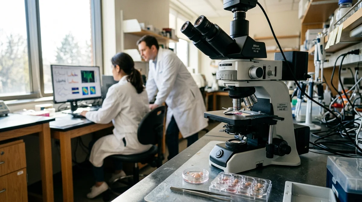 Laboratorium neurologiczne z mikroskopem i badaczami analizującymi wpływ alkoholu na mózg