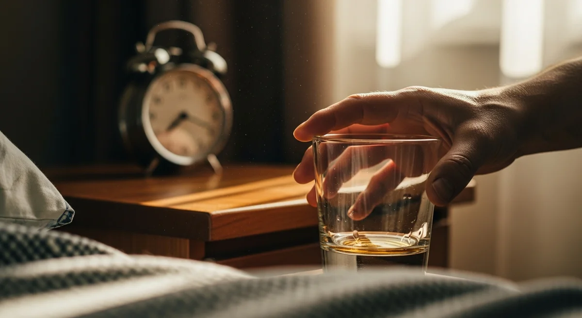 Dłoń sięgająca po szklankę alkoholu na nocnym stoliku rano - objawy uzależnienia od alkoholu
