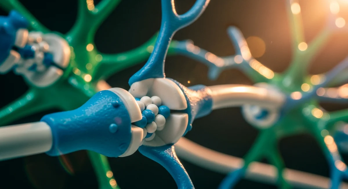 Model synapsy neuronalnej pokazujący mechanizm działania neurotransmiterów w mózgu
