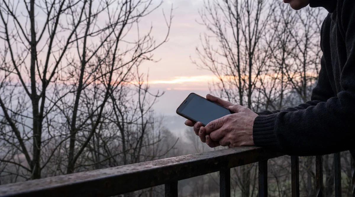 Dłonie kobiety trzymające wyłączony telefon na balkonie o świcie – bezsenność i cyfrowy detoks.