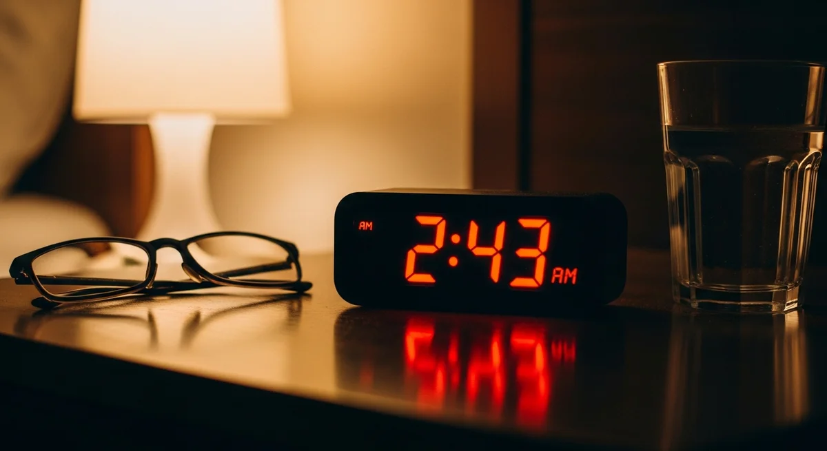 Budzik cyfrowy pokazujący 2:43 w nocy na stoliku nocnym - symptomy bezsenności