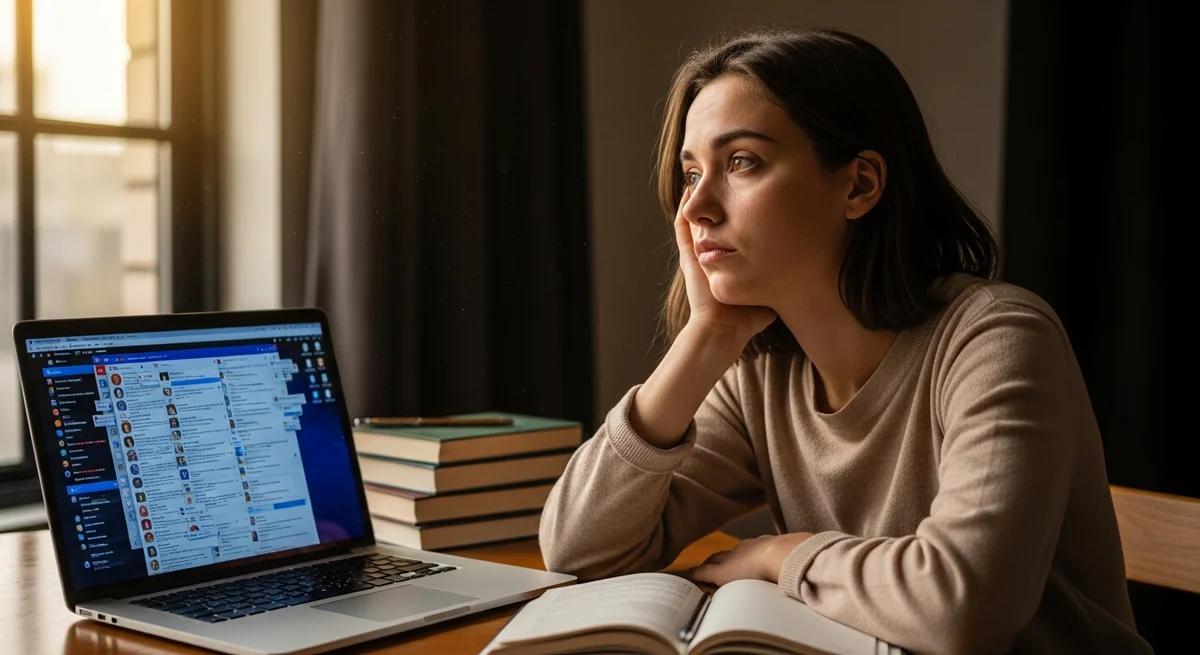Kobieta z pustym wzrokiem przy laptopie z wieloma otwartymi kartami social mediów