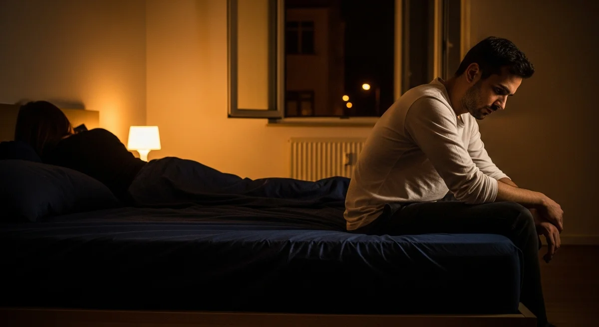 Mężczyzna siedzący na skraju łóżka z dala od partnerki – brak bliskości w związku