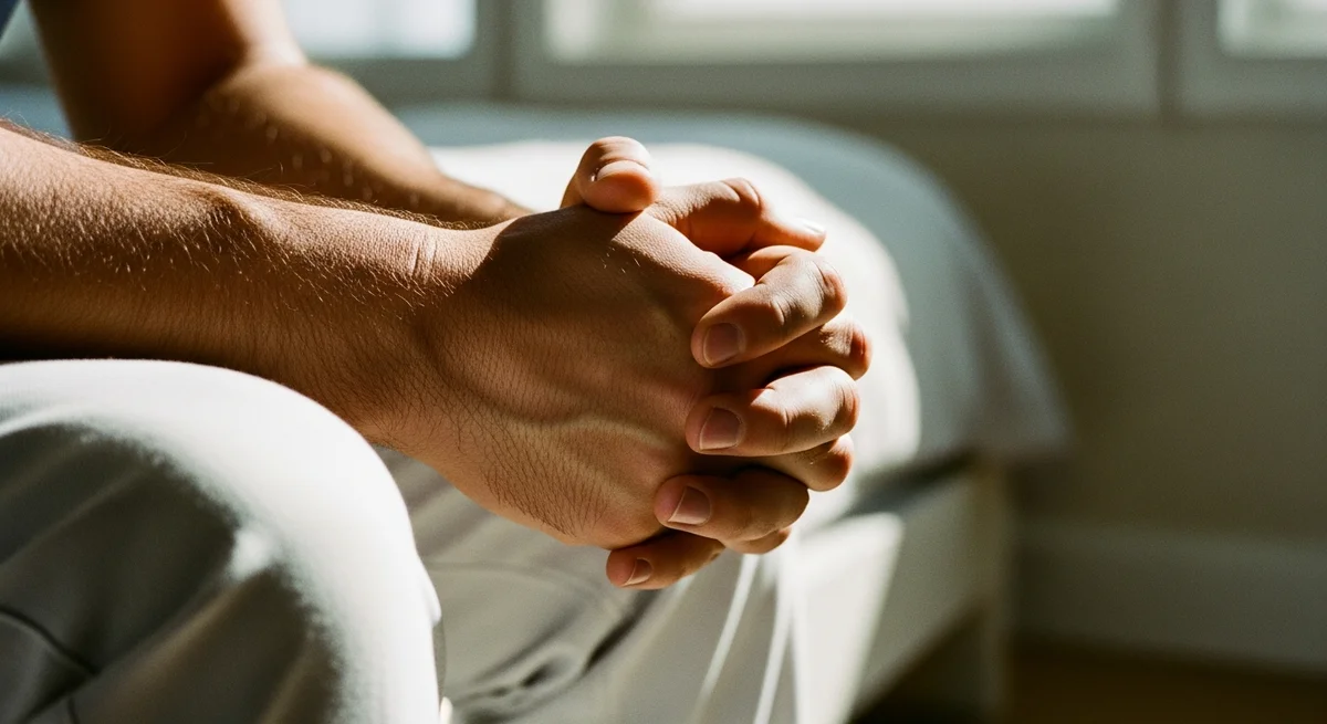 Zbliżenie na zaciśnięte dłonie mężczyzny, napięcie i brak bliskości seksualnej