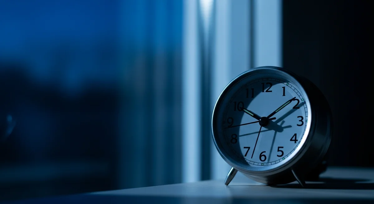 Zbliżenie na budzik na szafce nocnej o świcie, rytm dobowy i chronotyp
