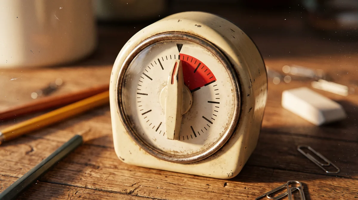 Zbliżenie na mechaniczny timer kuchenny na drewnianym blacie, symbol trudności z czasem przy ADHD