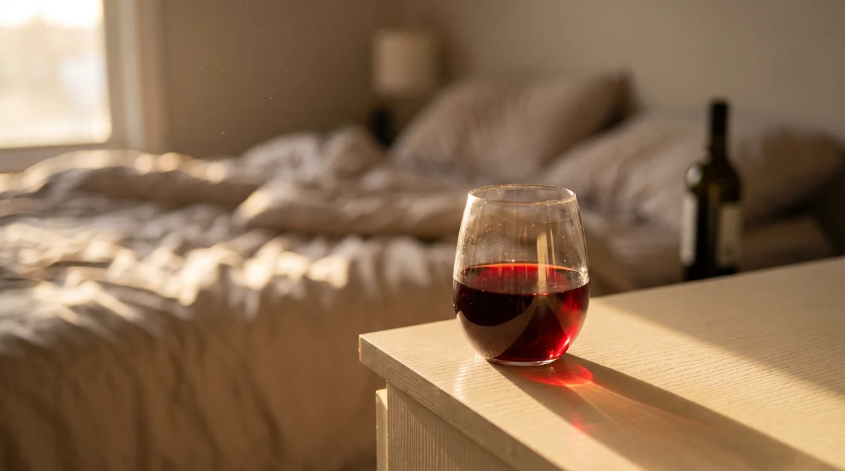 Kieliszek czerwonego wina na blacie na tle rozmytej sypialni, alkohol a sen