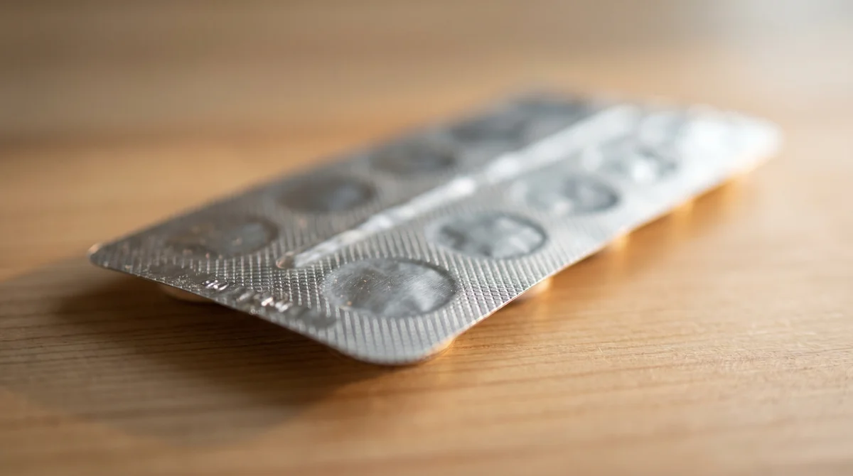 Zbliżenie na blister z tabletkami na drewnianym blacie, leki przeciwdepresyjne bez napisów