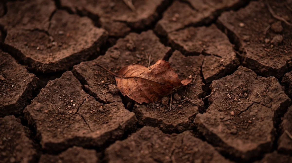 Spękana sucha ziemia ze zwiędłym liściem, symbol kryzysu klimatycznego