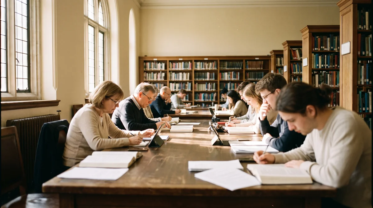 Jasna biblioteka uniwersytecka z ludźmi uczącymi się przy stołach – rozwijanie inteligencji