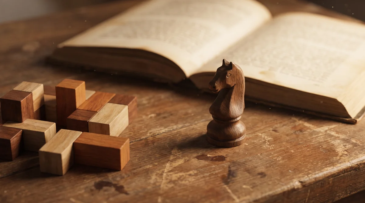 Szachowy skoczek i geometryczne puzzle na biurku, symbole rozwijania inteligencji i myślenia