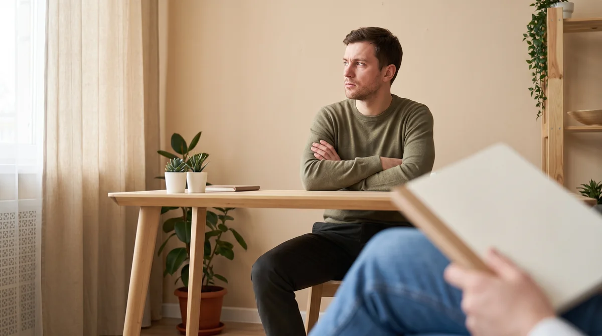 Mężczyzna ze skrzyżowanymi ramionami podczas sesji terapeutycznej, narcyzm i terapia psychologiczna