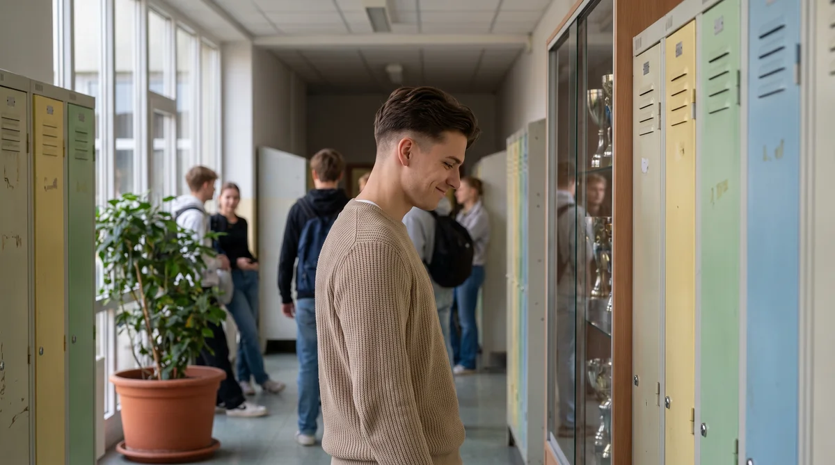 Kobieta siedząca przy ścianie w zamyśleniu, ciepłe światło przez okno, trauma, refleksja i zrozumienie narcyzmu