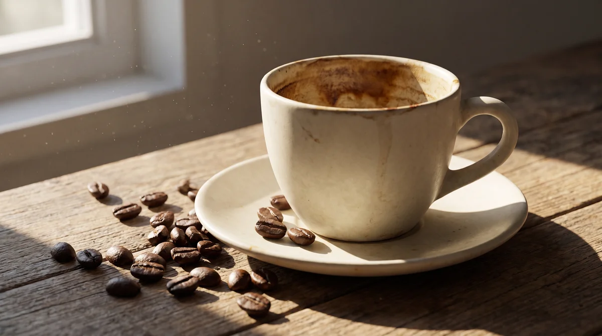 Zbliżenie na filiżankę espresso i ziarna kawy na spodeczku, kofeina uzależnia