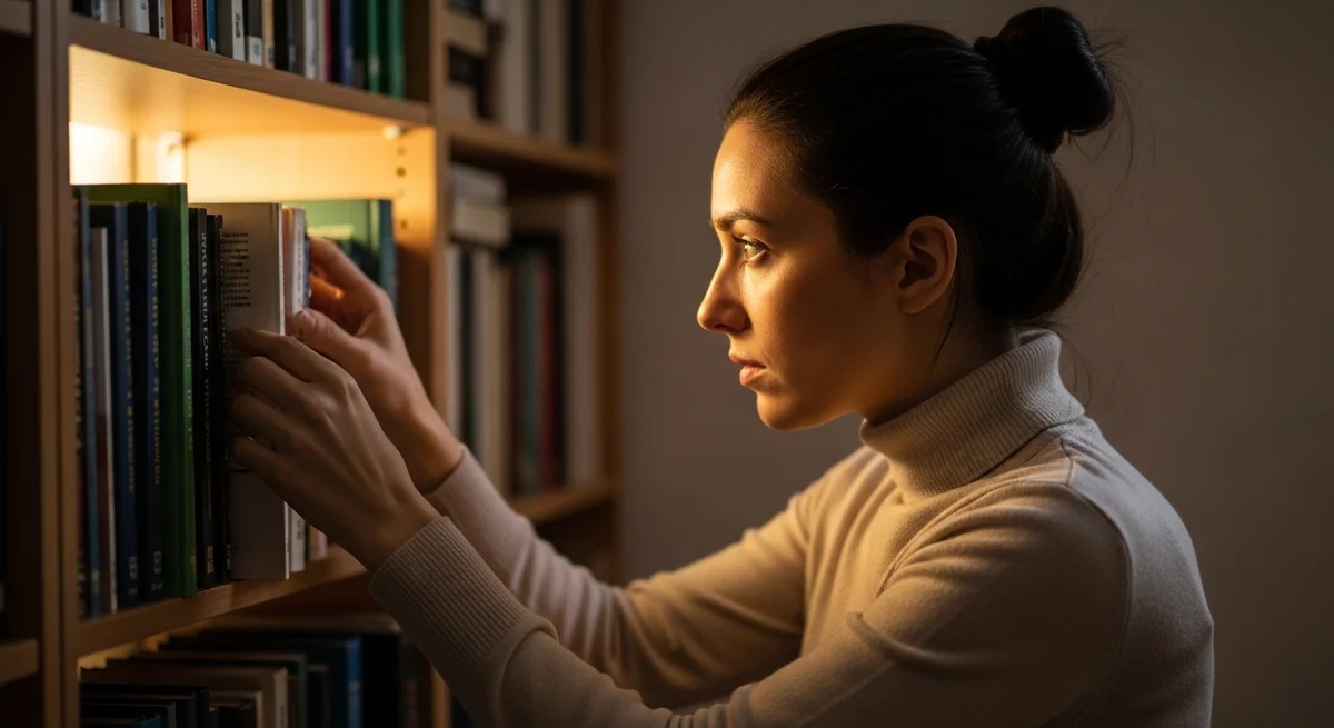 Kobieta obsesyjnie ustawiająca książkę na półce, zaburzenia obsesyjno-kompulsyjne OCD