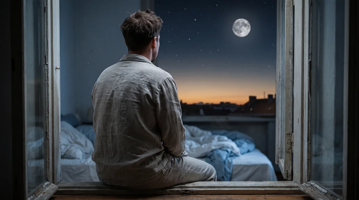 Mężczyzna siedzący na parapecie nocą wpatruje się w pełnię księżyca