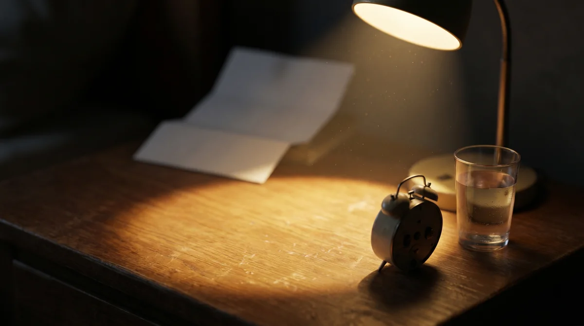 Szklanka wody i budzik na nocnej szafce, symbol bezsenności i trudności z zasypianiem