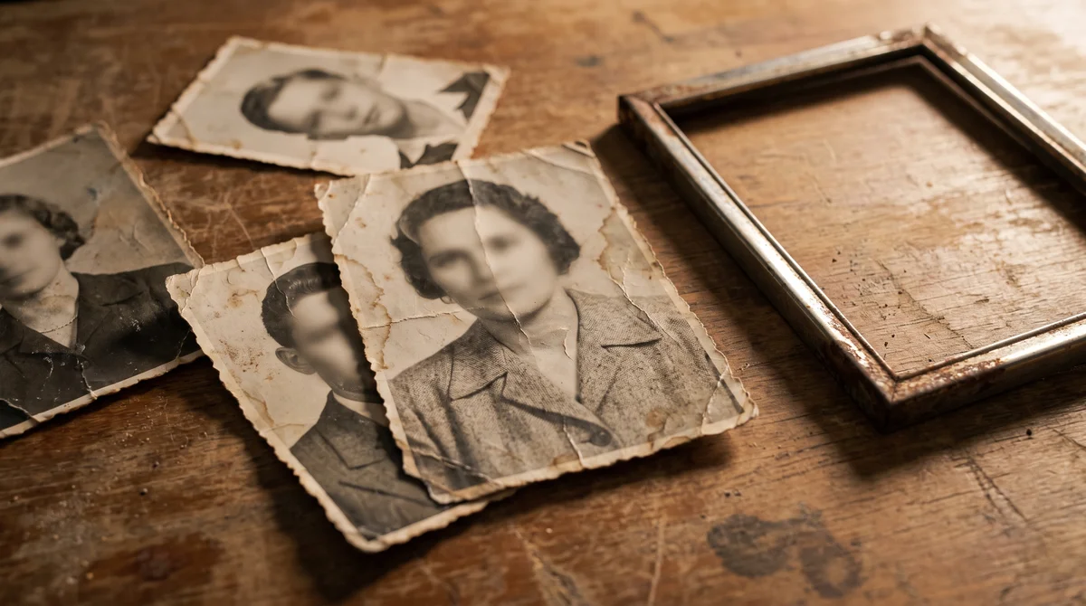 Stare wyblakłe fotografie rodzinne na drewnianym stole, dziedziczenie traumy pokoleniowej