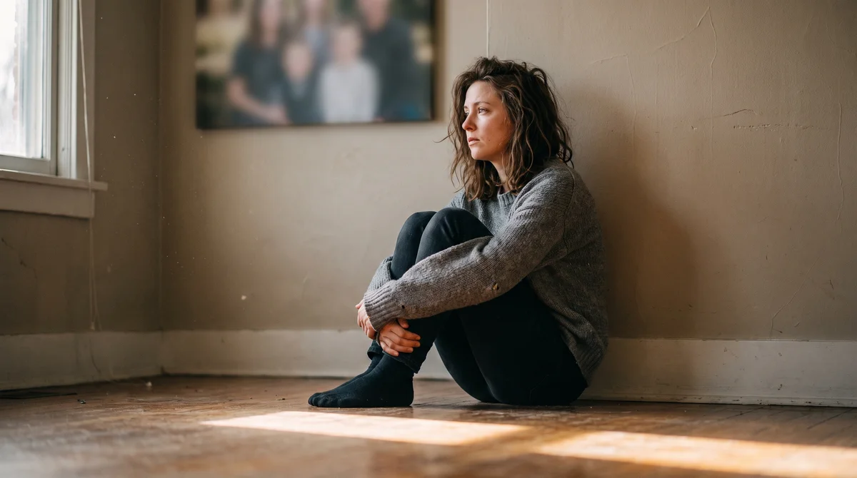 Młoda kobieta siedząca przy ścianie z rodzinną fotografią w tle, trauma transgeneracyjna