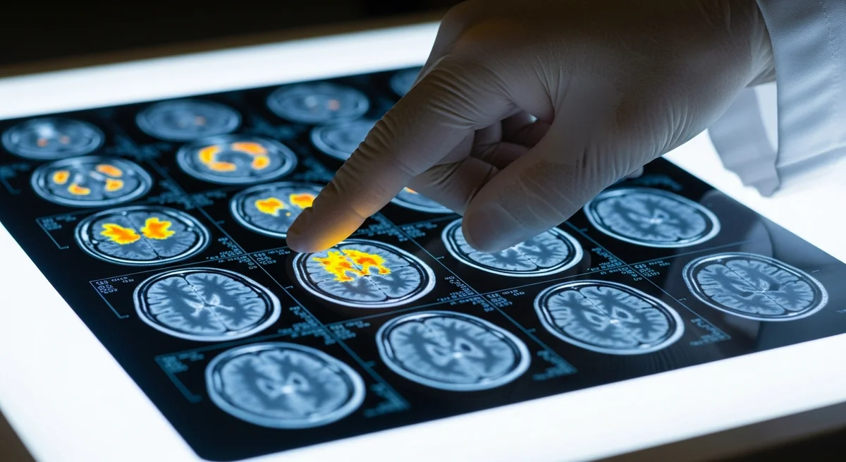 Skany MRI mózgu na podświetlanym negatoskopie z zaznaczonymi aktywnymi obszarami