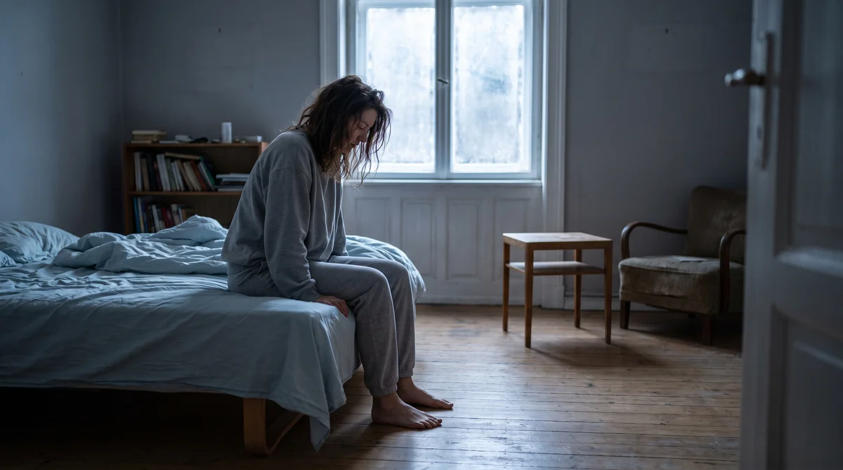 Kobieta siedząca na krawędzi łóżka z opuszczoną głową – depresja