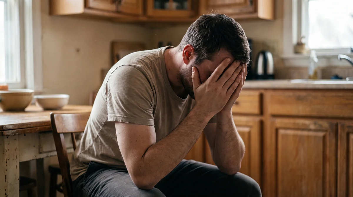 Mężczyzna z pochyloną głową przy stole, wyraźna frustracja i tłumienie emocji