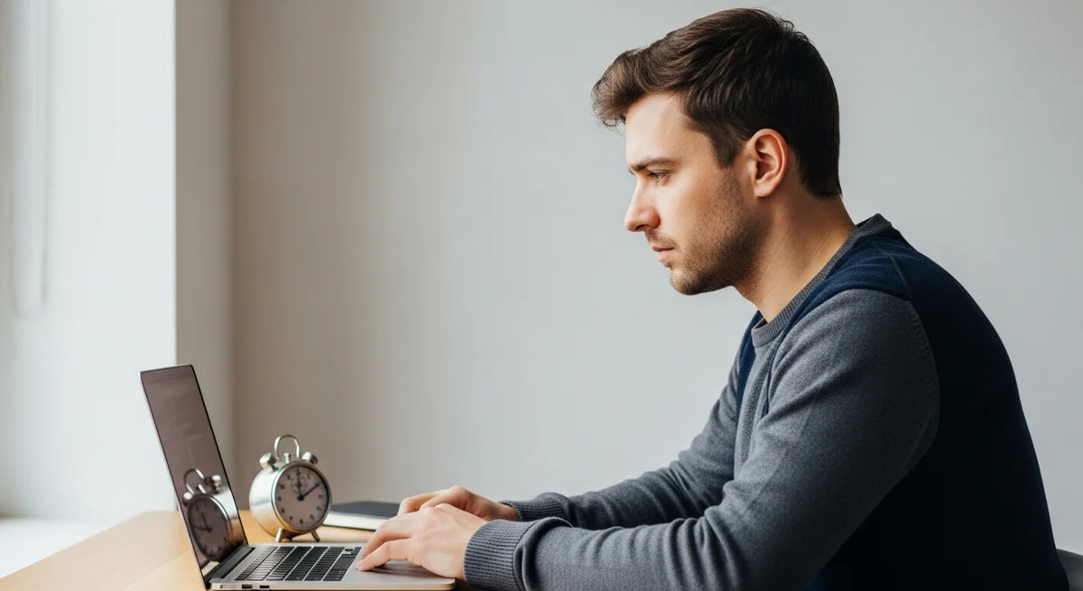 Skupiony mężczyzna w stanie flow pracujący przy laptopie, technika deep work