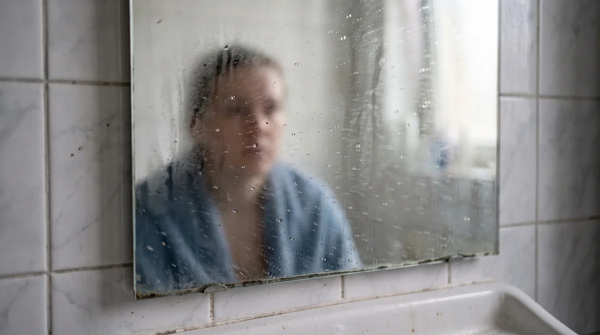 Zaparowane lustro łazienkowe z rozmytym odbiciem, derealizacja i poczucie obcości