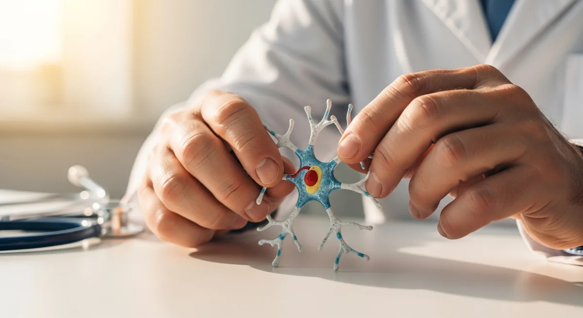 Dłonie neurologa badające model neuronu - elektrowstrząsy i BDNF w terapii depresji ciężkiej