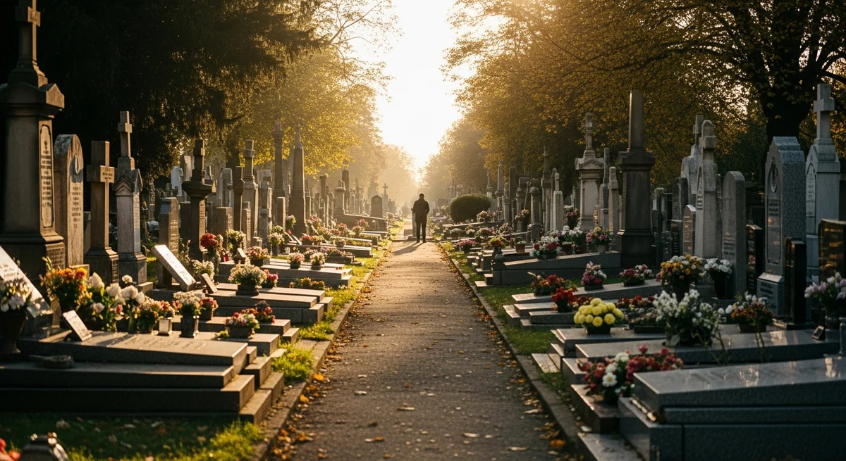 Cmentarz o zmierzchu z alejkami między nagrobkami i sylwetką osoby - etapy żałoby
