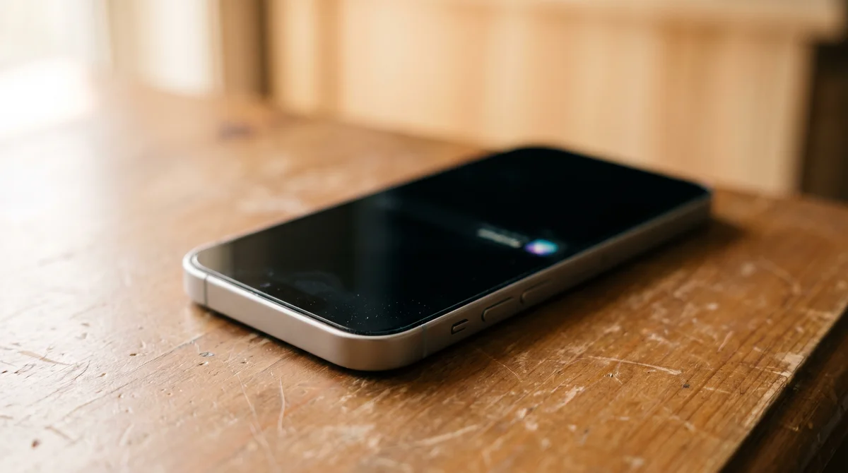 Wygaszony telefon na drewnianym blacie, symbol unikania kontaktów społecznych