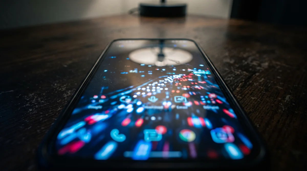 Smartfon z rozmazanymi powiadomieniami na ciemnym stole w nocy, symbol FOMO