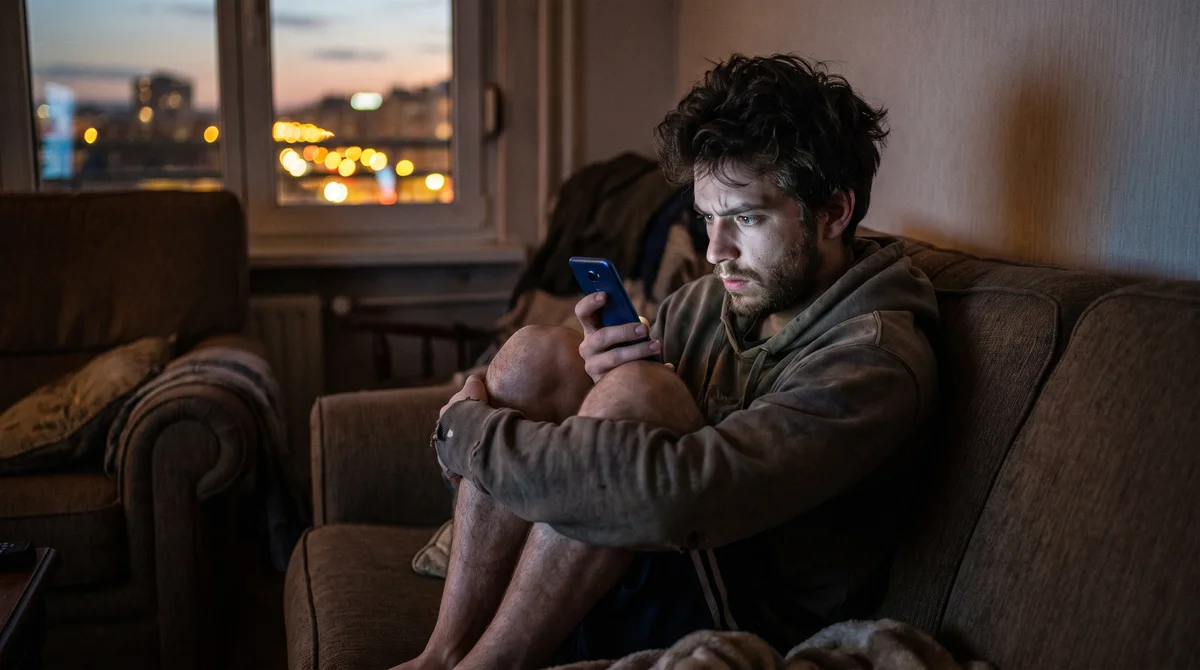 Młody mężczyzna scrolluje telefon w ciemnym pokoju, twarz oświetlona ekranem, FOMO