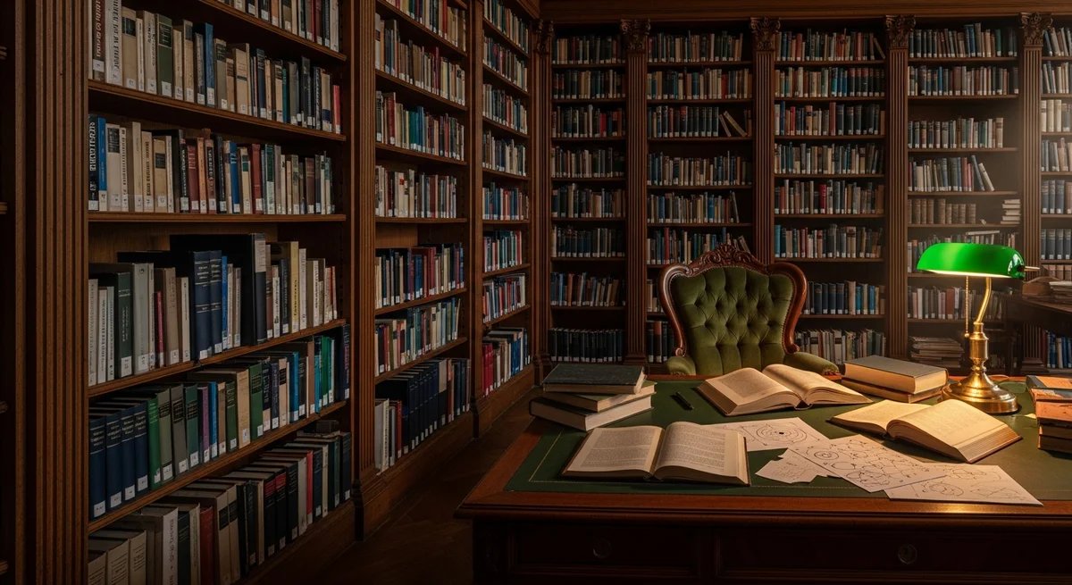 Biblioteka naukowa z książkami o psychologii i psychoanalizie Freuda na biurku