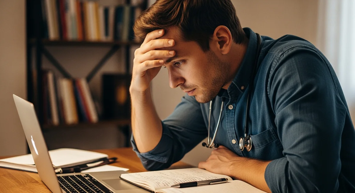 Mężczyzna wyszukujący objawy medyczne w internecie przy laptopie - hipochondria