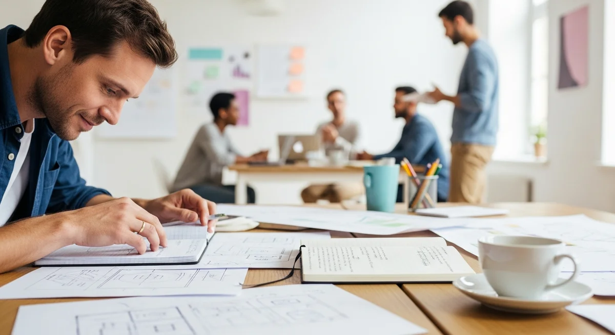 Mężczyzna pracujący nad projektami w zespole znajdując ikigai w pracy