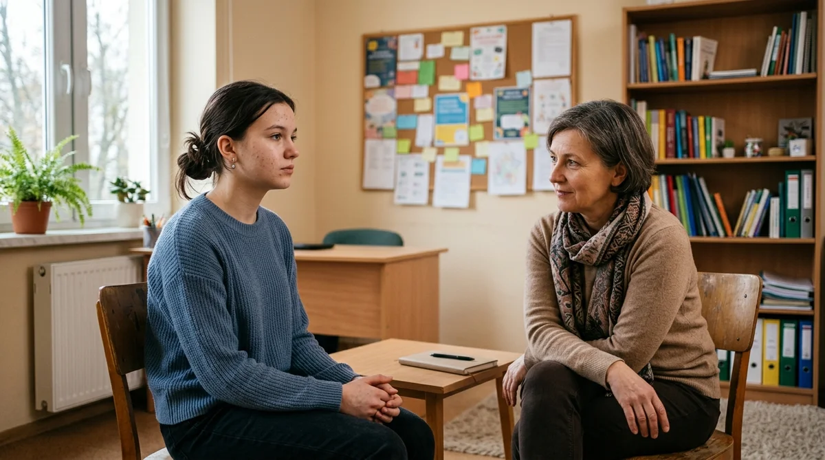 Nastolatka rozmawia z psychologiem w szkole