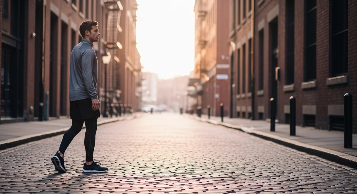 Mężczyzna w sportowym stroju na uliczce o poranku