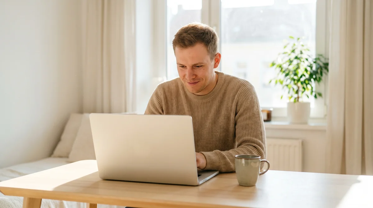 Skupiony mężczyzna pracujący przy laptopie w jasnym biurze, koniec prokrastynacji