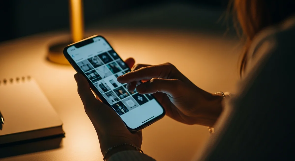 Dłonie trzymające smartfon z zamrożonym przewijaniem, porównywanie się w mediach społecznościowych