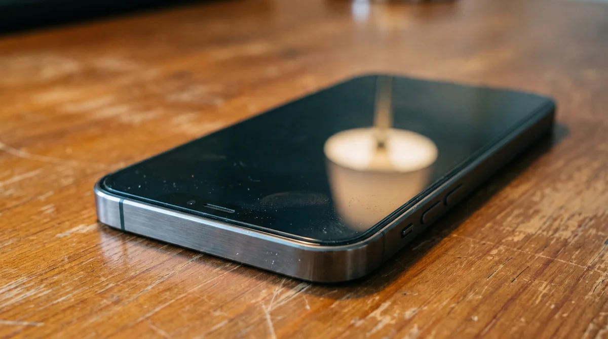 Wygaszony smartfon na drewnianym blacie, symbol zazdrości w związku
