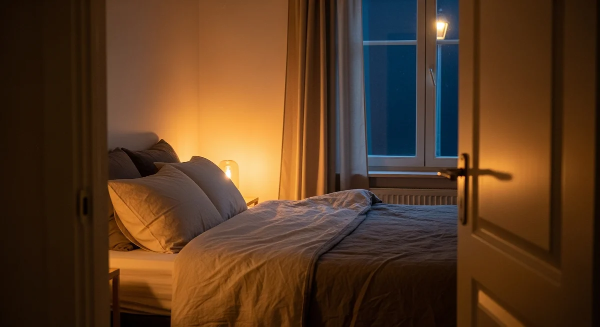 Przytulna sypialnia nocą z ciepłym światłem lampki nocnej i pościelą – jak szybko zasnąć