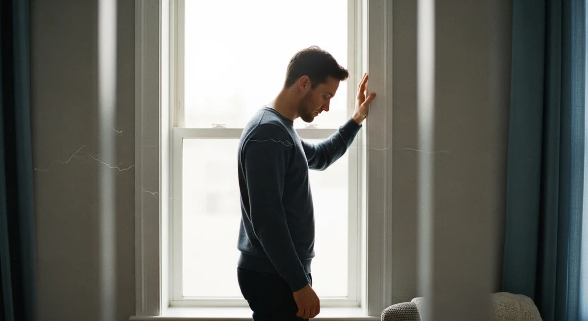 Mężczyzna przy oknie w zamyśleniu pokazujący stan emocjonalnej refleksji