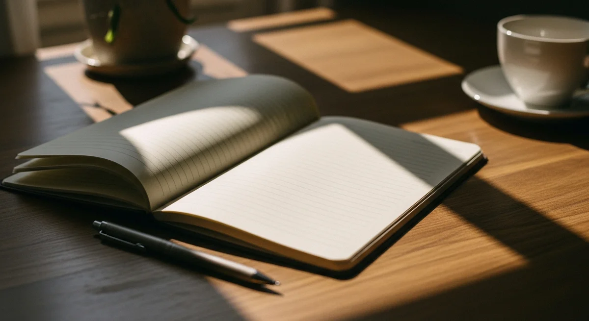 Otwarty notatnik z długopisem na drewnianym stole - jak zacząć journaling