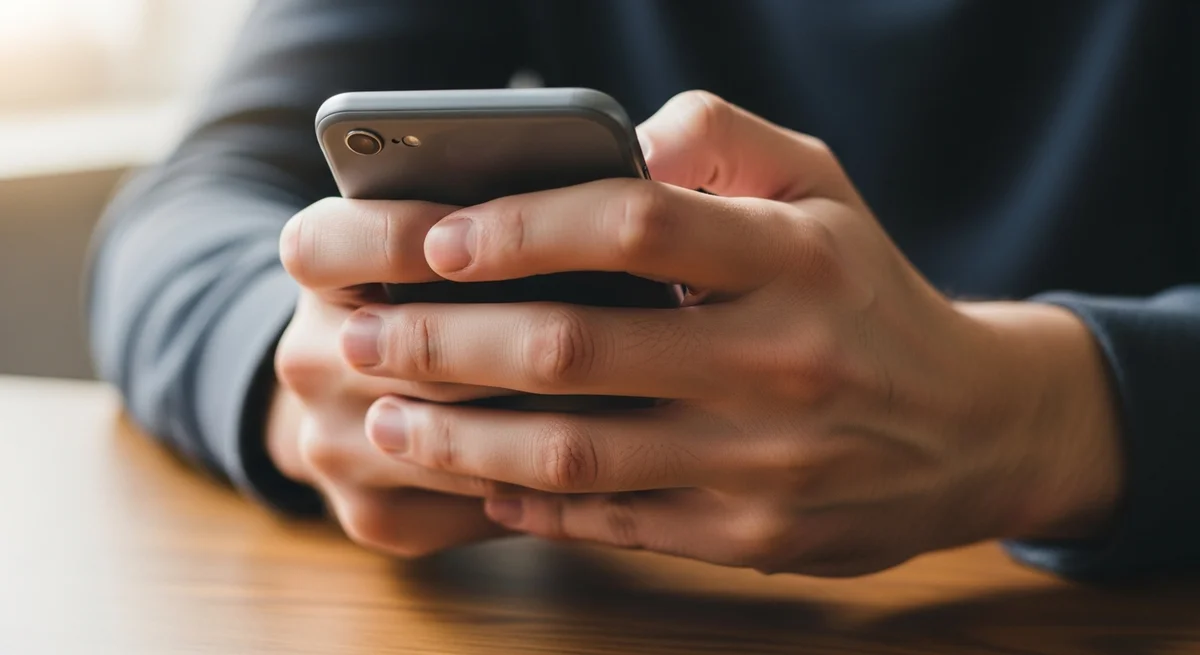 Zaciśnięte dłonie trzymające telefon w momencie kryzysu psychicznego