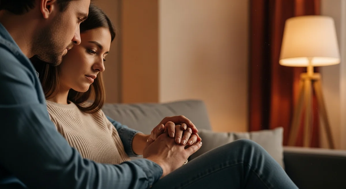 Para na kanapie, bliska osoba wspierająca kobietę przeżywającą kryzys psychiczny