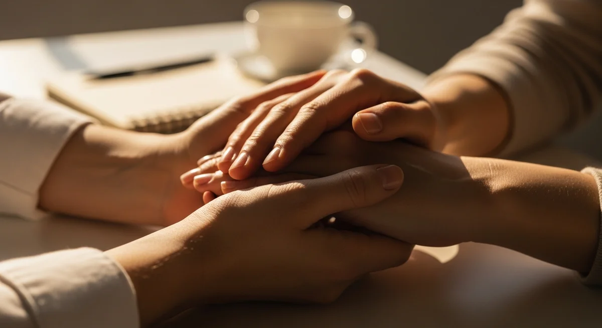 Zbliżenie dłoni dwóch osób, jedna wspiera drugą, ciepłe światło, związek terapeutyczny